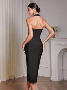 Women's Halter Backless Sleeveless 3D Floral Beaded Embroidery Patchwork Bandage Dress, Elegant Back Slit Bodycon Dresses For Ladies, Cocktail Dress,Luxury Celebrity Runway Dress,Party Dress,Evening Dress,New Year Dress For Women