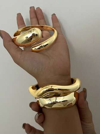 3 件粗手镯套装，时尚简约优雅复古几何水滴波浪光滑超大袖口手镯堆叠套装，适合节日、派对、约会、礼物、日常佩戴