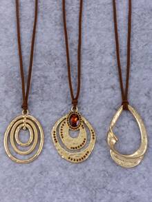 1Pc Bohemian-Style Fashionable Retro Geometric Asymmetrical Pendant Brown Cord Velvet Necklace For Women's Daily Wear & Accessories