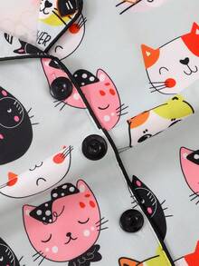 2pcs/Set Girls & Teens Casual Cartoon Cat Print Lapel Long Sleeve Cardigan And Pants Pajama Set, Flame Retardant, All Season