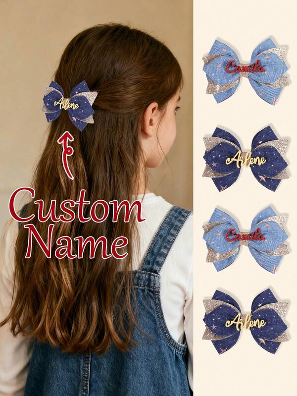 1pc Custom Name Dark/Light Blue Hair Bow For Girls Stars Printed Customized Bow Alligator Clip Sparkly Champagne Hair Clips Glitter Letter Custom Text Barrettes Y2K Personalized Hairpins Kids Hair Accessory