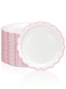 10个/20个/50个装白色和粉色纸盘，7英寸/9英寸，白色纸盘带浅粉色滚边，可爱白色扇形纸盘，一次性餐盘，甜点派对餐盘，适用于圣诞节、迎婴派对、婚礼、新娘派对、性别揭晓派对、生日、情人节派对用品装饰 - 白底粉邊 - 查看 1