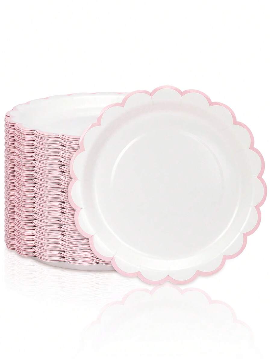 10个/20个/50个装白色和粉色纸盘，7英寸/9英寸，白色纸盘带浅粉色滚边，可爱白色扇形纸盘，一次性餐盘，甜点派对餐盘，适用于圣诞节、迎婴派对、婚礼、新娘派对、性别揭晓派对、生日、情人节派对用品装饰 - 白底粉邊 - 查看 1