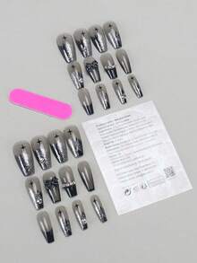 Long Style Black Nails/24 Pieces Press On Nails Square/Three Dimensional Black Bow Decoration Paired With Star Print And Sparkling Diamond Nail Plates /Perfectly Fitting Acrylic Fake Nail Set, Including 1 Jelly Glue And 1 Nail File, Suitable For Women's Daily Work, Study, And Gatherings In Autumn And Winter Nail Products Suitable For Gatherings, Festivals , And Daily Use - Multicolor - View 2