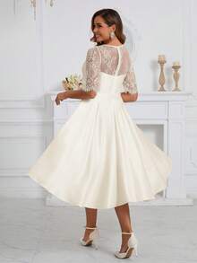 Plus Size Women Bridal Gift Party Dress, Elegant And Romantic Lace V-Neck Short Sleeved Satin Sexy Medium Length Evening Gown, Valentine's Day - Apricot - View 2