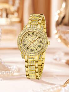 4件套女士银色不锈钢表带时尚休闲经典阿拉伯数字表盘石英手表手链首饰套装，适合日常佩戴、装饰、赠送朋友或作为节日礼物。 - 金色 - 查看 2