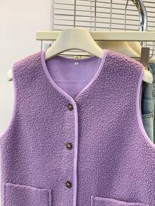 YUXIN 秋冬季女士必备单品！柔软仿羊羔绒无袖开衫背心，配有双口袋，超级保暖，日常百搭。 - 紫色 - 查看 7