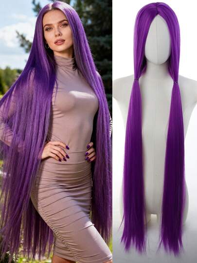 40 tum extra lång rak cosplayperuk, mittskillnad, halloweenperuk, värmebeständig syntetisk peruk, för kvinnor