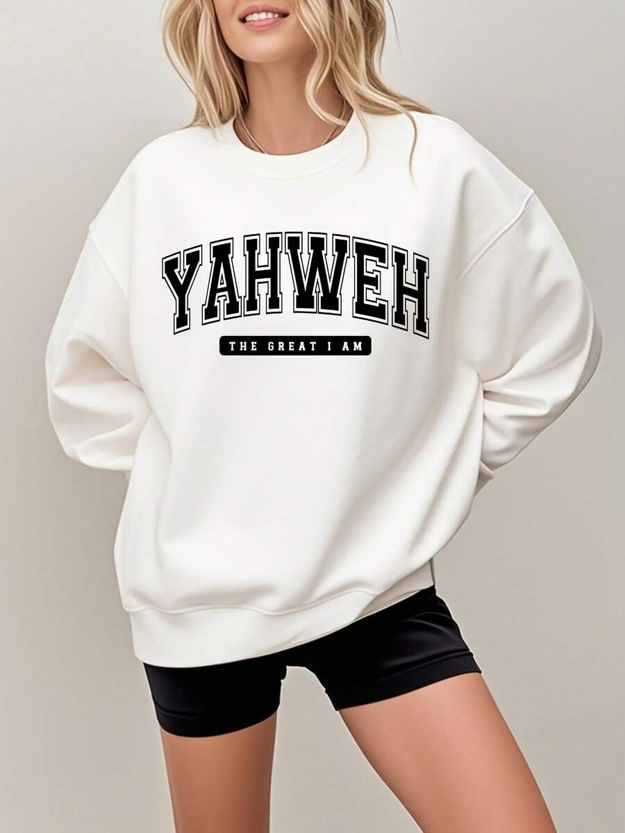Women's Autumn Sweatshirt, Christian Sweatshirt - White Background With Black Lettering, Featuring Striking Bible Verses "I Am Great" And "I Am Loved, I Deserve, I Am Strong." Casual Crew Neck Pullover, Suitable For All Seasons, Faith-Themed Casual Wear And Christian Gifts, Women's Autumn Sweater, Women's Fashionable Sweatshirt. Women's Crew Neck Printed Sweatshirt. - trắng - Xem 1