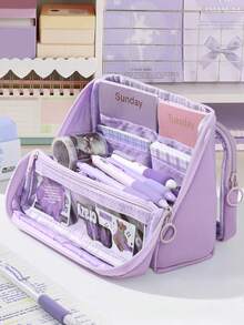 大容量可拆卸透明多口袋铅笔盒 - 便携式大号多功能学生笔袋，桌面立式文具盒，可收纳计算器、笔记本和钢笔 - 适合学校、办公室和旅行 - 适合学生、专业人士、男女通用，学校文具收纳盒，多功能收纳盒，拉链封口，单个铅笔盒，不含配件和贴纸