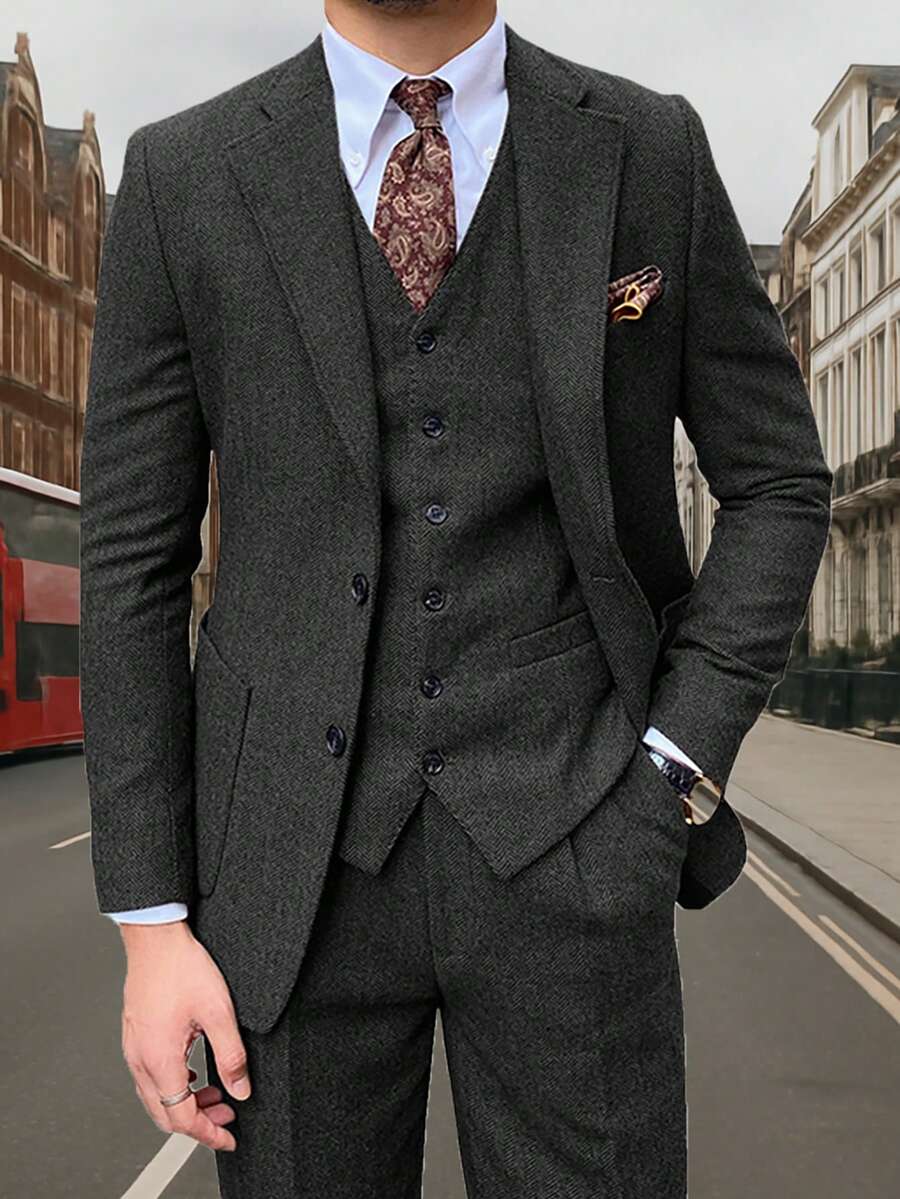 Black Retro Men's Herringbone Tweed Suit 3 Piece Set Wool Suits 1920's Themed Wedding Suit Vintage Style Groom Tuxedos Set Prom Jacket Blazer Vest Pants - màu đen - Xem 1