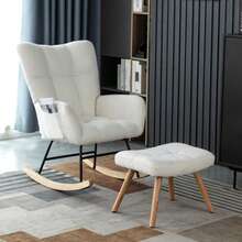 White Ergonomic Rocking Chair, Height 92cm, Seat Width 65cm - Includes Footrest (49*38*38cm), Sturdy Rubberwood Frame, Load Capacity Up To 250lbs, Rocking Chair With Hangers, Armchair