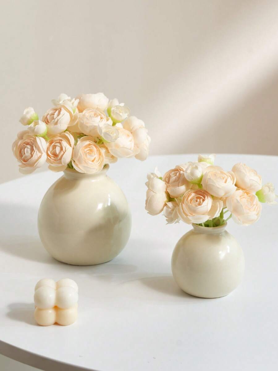 Bình gốm mini đựng hoa giả, trang trí nhà thẩm mỹ màu kem, hoa giả nhỏ để trên kệ phòng khách, bàn làm việc, phòng ngủ, đám cưới, đồ trang trí giữa bàn kiểu nông trại