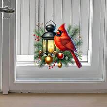 Calcomanía navideña de cardenal y farol para ventana - Pegatina de pared autoadhesiva con campanas, bayas rojas y piñas - Perfecta para decoración del hogar, ventana o pared - Regalo ideal para Navidad, decoración navideña