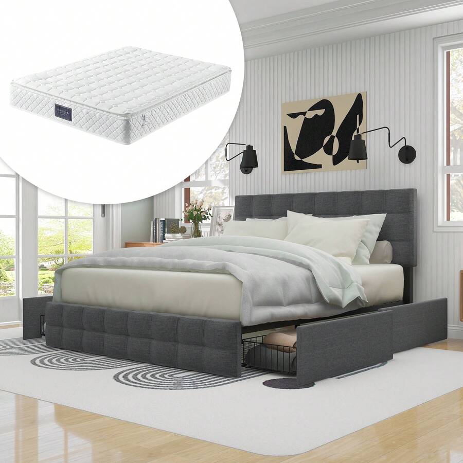 Upholstered Bed With 4 Drawers And Spring Mattress, Double Bed With Slatted Base, Height-Adjustable Headboard And Square Stitching Pattern, Metal Slats, Linen Fabric (140 X 200 Cm, Grey) - Grey - View 1