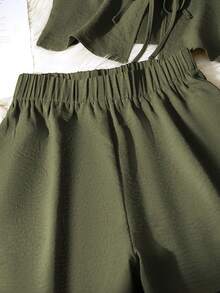 Set de 2 piezas de conjunto informal de mujer de unicolor con nudo, para primavera/verano - Verde Oliva - Ver 4