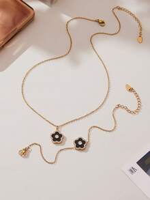 1pc 18K Gold Plated Stainless Steel 5-Leaf Flower Cubic Zirconia Necklace & Bracelet Jewelry Set, Suitable For Daily Wear And Gifting, Valentine's Day, Birthday, Mother's Day