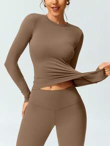 2pcs Women's Soft Fleece Crew Neck Long Sleeve T-Shirt And Elastic Soft Skinfit Sports Pants Set, Outdoor Hiking Fitness Slim Fit Crew Neck Running Yoga Suit - 巧克力棕 - 查看 11