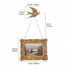 1/3pcs Vintage European Style Gold Floral Pattern Rectangular Decorative Photo Frame Set With Pearl Chain And Golden Swallow Decor, Gold Foil Covered Photo Display Frame, Freestanding Or Wall Mounted, Suitable For Photo Display, Home Decor And Photography Props