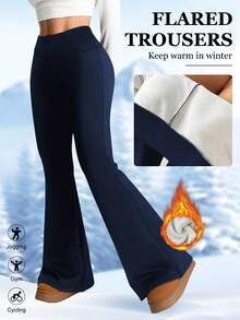 Fleece Lined Pants Women Thermal Yoga Pants With Pockets High Waist Warm Pants Winter Flare Leggings For Women - 藏蓝色 - 查看 2