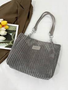 Fashion Striped Handbag - Women's Large Capacity Shoulder Bag - Zipper Tote Bag For Daily Use - Metal Chain Strap Tote Bag - Grey - View 6