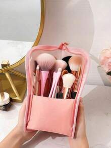 1个透明PVC防水拉链旅行化妆刷收纳包，便携式化妆刷包，专业化妆包，可折叠化妆包，适合作为婚礼伴娘礼物、妈妈礼物、生日礼物、朋友和老师礼物，以及家居装饰。