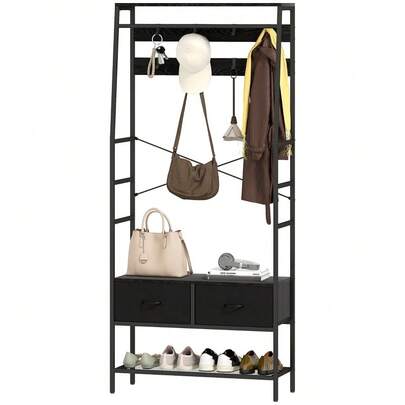 Coat Rack, Clothes Rack With Shoe Rack, 2 Fabric Drawers, Coat Rack With 8 Hooks, Shelf, Jacket Rack With Anti-Tip Protection, For Entrance Area, Hallway, Bedroom, Black