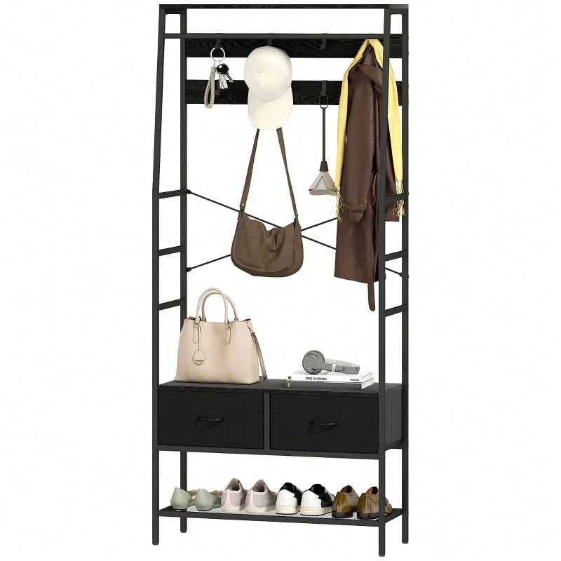 Coat Rack, Clothes Rack With Shoe Rack, 2 Fabric Drawers, Coat Rack With 8 Hooks, Shelf, Jacket Rack With Anti-Tip Protection, For Entrance Area, Hallway, Bedroom, Black - Black - View 1