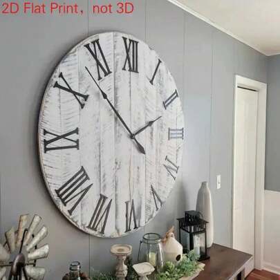 2D Flat Frameless Large Farmhouse Wall Clock - Modern Simple Large Round Clock, Roman Numerals, Simple Wooden Surface, Easy-To-Read Black Hands - Battery Operated (AA Batteries Not Included) - Suitable For Living Room, Kitchen, Office - Farmhouse Decor, Industrial Style, Nordic Style, Bohemian Style - Easy To Install And Hang, Fashionable Wall Clock Living Room Clock, Living Room Wall Clock, Acrylic Material