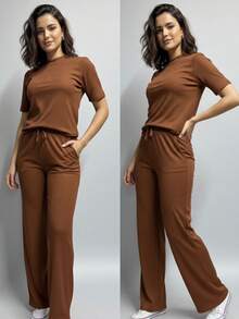 camiseta cuello redondo de hombros caídos y pantalones largos acampanados con cordón delantero y cintura alta moda casual cómoda - canela - Ver 2