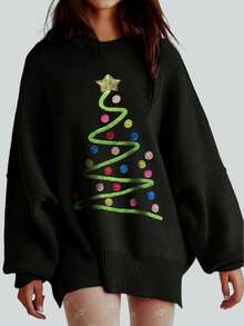 Women's Casual Christmas Tree Pattern Loose Fit Dropped Shoulder Turtleneck Sweater, Autumn/Winter - Black - View 2