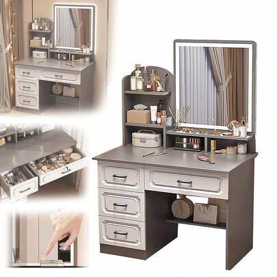 Tocador De Dormitorio C/ Espejo Led Estante Almacenamiento Gris