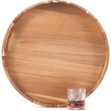 Food Tray,Large Ottoman Tray Round, 20" Extra Large Wooden Serving Tray With Handles, Acacia Wood Decorative Tray Wooden Trays For Living Room Ottoman, Food Serving, Breakfast, Dinner, Appetizers - 20英寸 - 查看 2