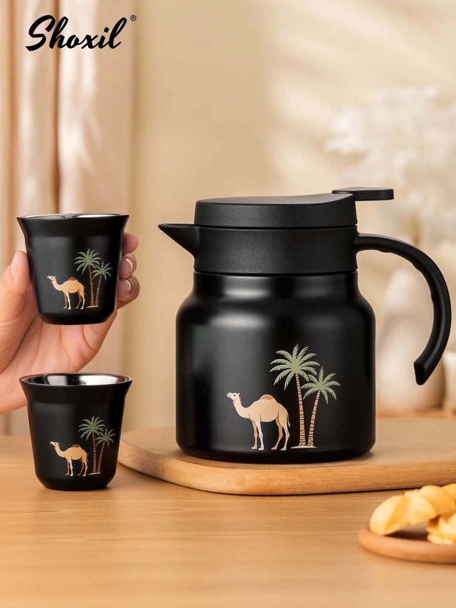 shoxil 1个800毫升黑色咖啡壶，骆驼椰树图案保温壶，保温茶壶，水壶，中东风格茶壶，80毫升茶杯，咖啡杯，水杯，双层保温杯，适用于家庭、咖啡店、斋月 - 黑色 - 查看 1