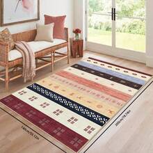 1PC Machine Washable Large - Size Bohemian Multicolored Striped Pattern Area Mat Rug Indoor Living Room Decorative Rug With Artistic Retro Multicolored Striped Pattern Design Durable Easy Clean Floor Mat For Home Decoration Kitchen Rug