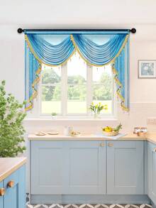 1 pieza Cenefa con cuentas doradas y azules, cortina de lujo moderna con onda, adecuada para fiestas, sala de estar, dormitorio, decoración de ventanas y puertas, opciones de ancho de onda de 1 a 4 - Azul - Ver 9