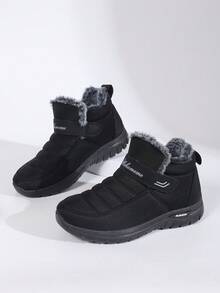 冬季圆头套脚加厚保暖雪地靴，带魔术贴，厚底，休闲女靴，毛绒靴 - 黑色 - 查看 5