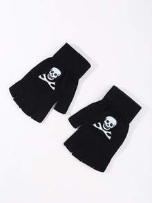 1 para czarnych, bezpalcowych rękawiczek z nadrukiem czaszki w paski dla kobiet, rękawiczki z krótkimi palcami, dzianinowe, zimowe, elastyczne rękawiczki