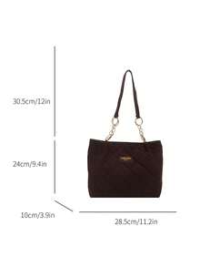 New Vintage Suede Large Tote Bag, Quilted Diamond Pattern, Faux SuedOne Shoulderder, Fashionable Gold Foil Letter Decor, Leather Label, Large Capacity, Chain Shoulder Strap, Crossbody, Dual Top Handle, Casual, Commuter, Retro Style Women Handbag, Autumn/Winter - Coffee - View 9