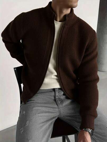 Men's Casual Long Sleeve All-Match Zip-Up Cardigan, Solid Color Knitted Sweater, Versatile For Daily Wear, Autumn/Winter