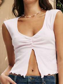 Women Tank Tops V Neck Sleeveless Ruched Slim Fit High Slit Hem Summer Cropped Vest Shirts - 粉色 - 查看 6