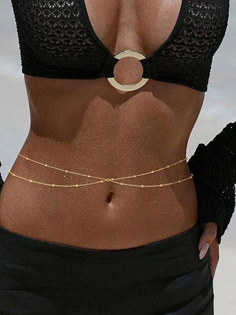 1 Piece Of Fashion Round Bead Chain Double Layer Women's Belt Metal Chain Body Chain Belly Chain Waist Jewelry Fashion Waist Chain Body Chain Double Layer Suitable For Summer Seaside Vacation Beach Party