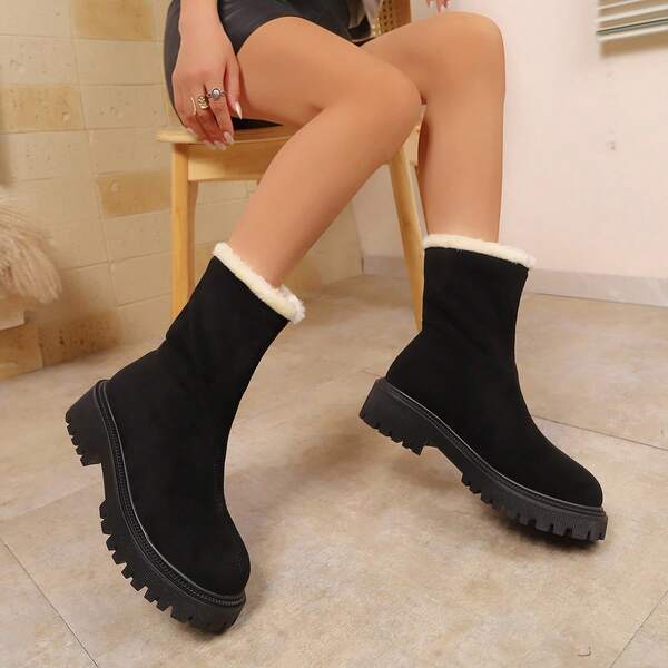 Women's Versatile Platform Ankle Boots, Round Toe, Western Style, Fleece Lining, Side Zipper, Warm, Suitable For Vacation, Campus, Outdoor, Winter