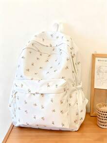 Fashionable Printed Rose Girl's Backpack With Multiple Compartments And Pockets, Thick Student Backpack, Waterproof Backpack, Wearing Teddy Bear Pendant Accessories, Large Capacity, Literary School Bag For Teens, Book Bag For Women Or Students, Perfect For Books, Shopping, Back To School And More, School Essential Stuff For Women, Girls & Students, Perfectly Matching With Backpack Accessories, Bag For School College, Preppy Backpack For School Back To School Essentials, Bags For University, University Essentials - 白色 - 查看 12