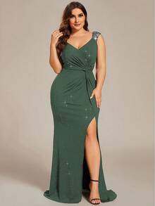 EVERPRETTY Plus Size Elegant & Charming High Stretch Sleeveless V-Neck Long Slit Green Formal Evening Gown, Suitable For Formal Dinners, Vacations, Winter Weddings And Other Occasions - Green - View 7