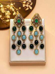 1 对复古宫廷风格宝石流苏耳环，古金色饰面，镶嵌祖母绿和青蓝色宝石，9 厘米长，优雅搭配复古连衣裙或独特服装，摇曳生姿展现艺术与时尚的优雅融合 - 彩色 - 查看 6