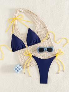 Conjunto de bikini sexy con top halter trenzado para mujer, traje de baño de dos piezas para playa, vacaciones, campamento de verano - Azul Marino - Ver 1