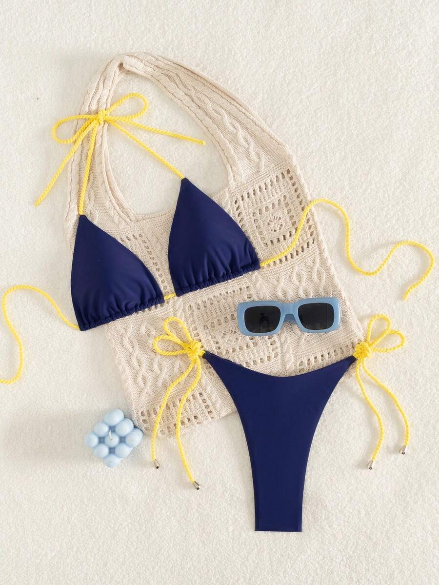 Conjunto de bikini sexy con top halter trenzado para mujer, traje de baño de dos piezas para playa, vacaciones, campamento de verano - Azul Marino - Ver 1