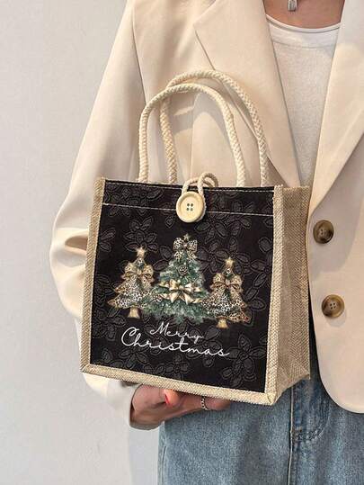 Christmas Print Linen Tote Bag, Reusable Printed Women'S Tote Bag, Double Handle Shopping School Bag, Large Capacity Shoulder Bag, Casual Tote Bag, Christmas Storage Bag, Suitable For Commuting, School And Shopping, Convenient For Outdoor Use, Gift For Friends And Besties, Teacher Gift, Perfect Choice For Vacation And Festival