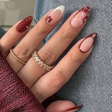 24 piezas de uñas postizas con forma de almendra en caja de regalo, patrón de cocodrilo rojo de otoño e invierno, flores tridimensionales en forma de abanico rojo, pegamento con bolas de acero dorado, adecuado para citas, reuniones, fiestas, salidas, bodas y otras ocasiones. Incluye 1 pieza de pegamento de gelatina y 1 lima